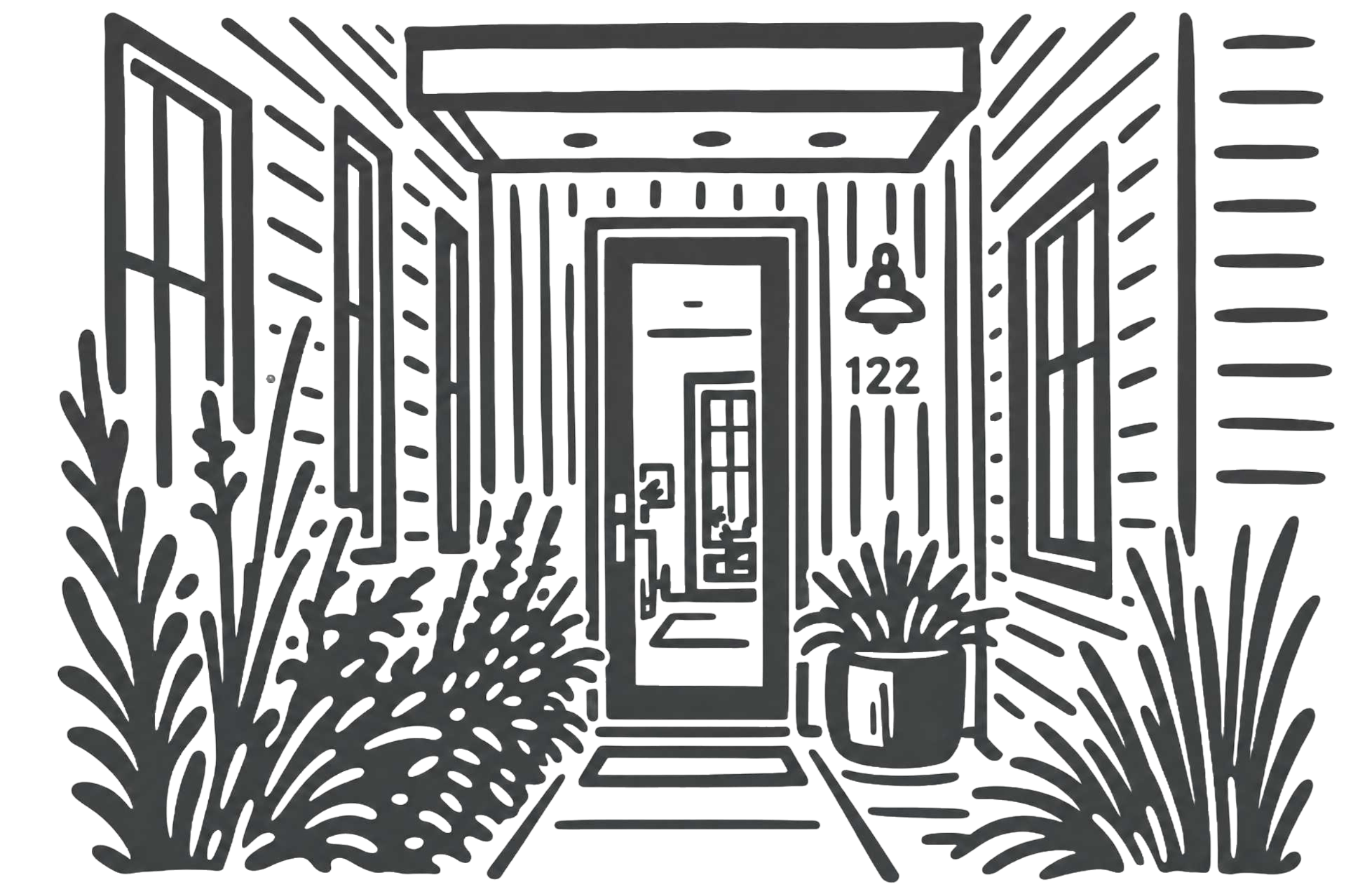 Illustration of a welcoming front door framed by planting and windows, inviting new homeowners inside