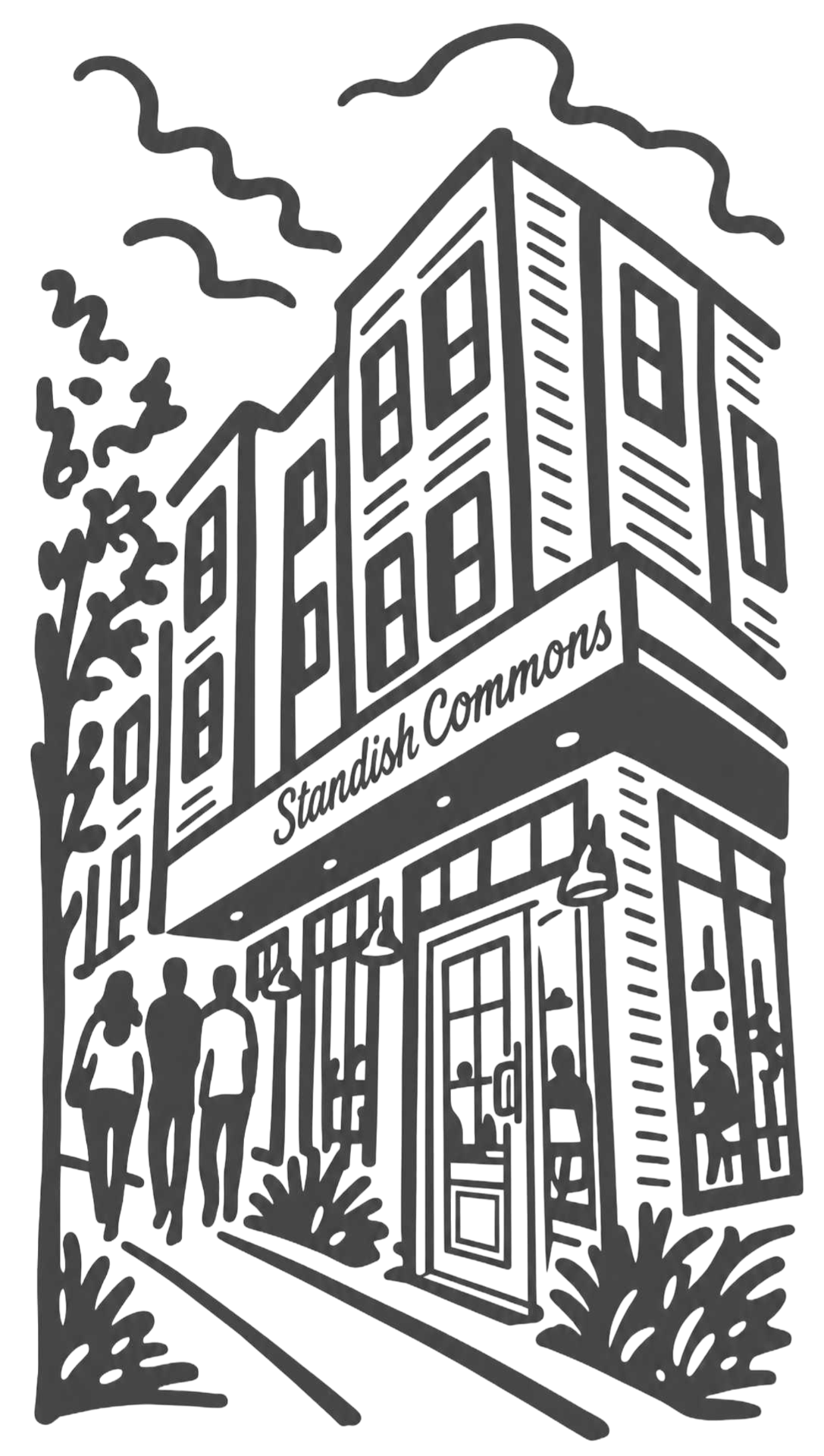 Hand-drawn illustration of the Standish Commons corner building