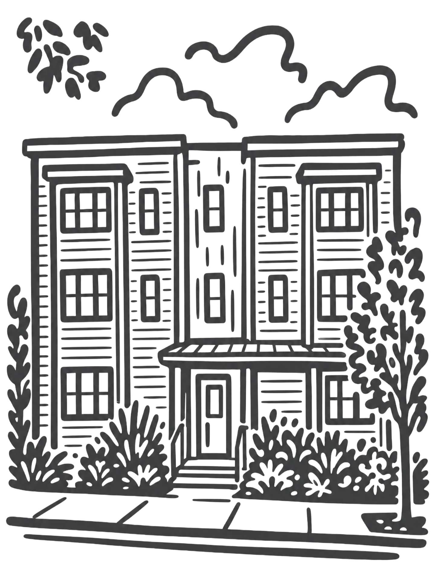 Line illustration of the Standish Commons corner building