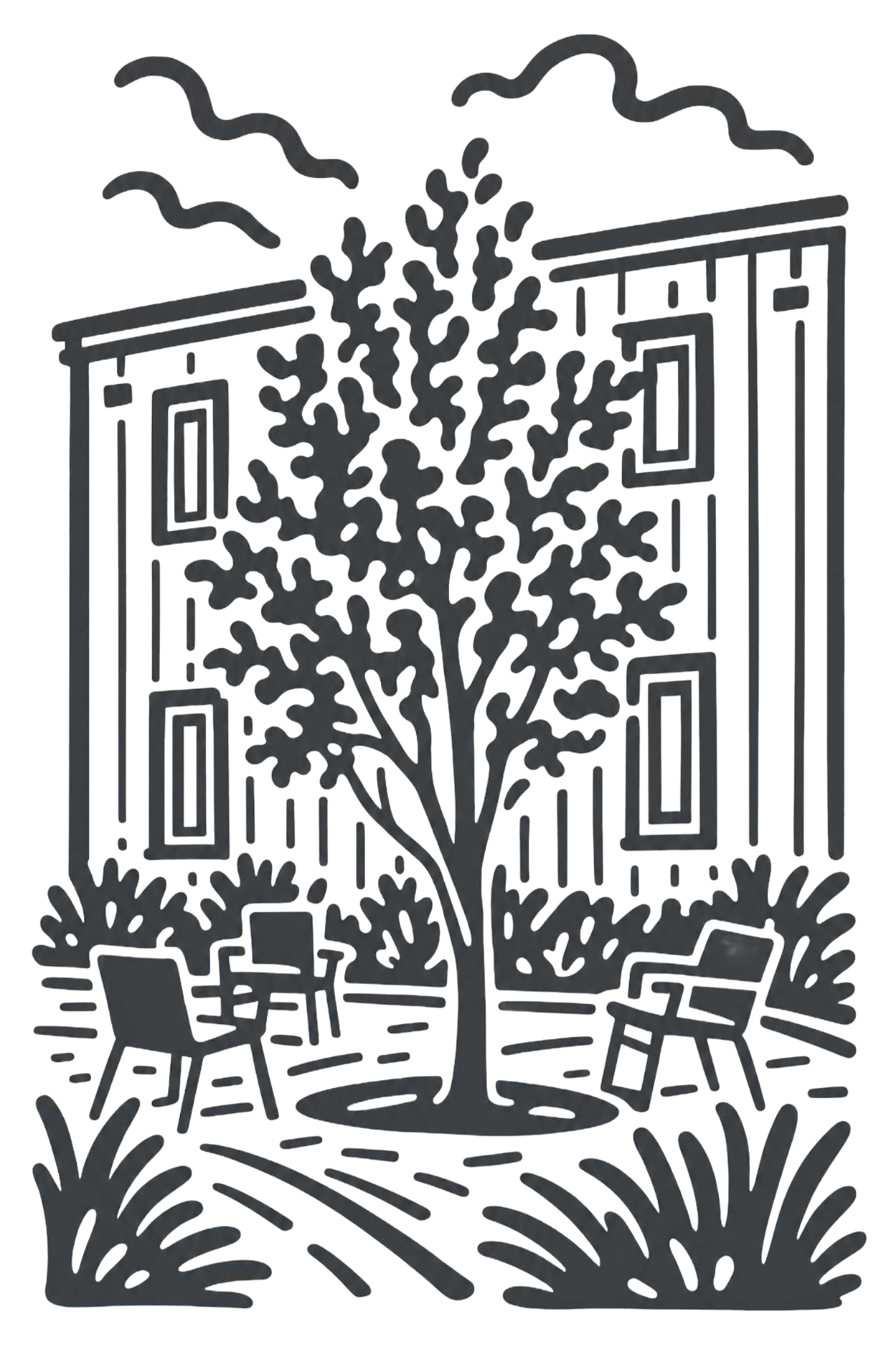 Illustration of a sunny courtyard between homes with a tree, chairs, and planting