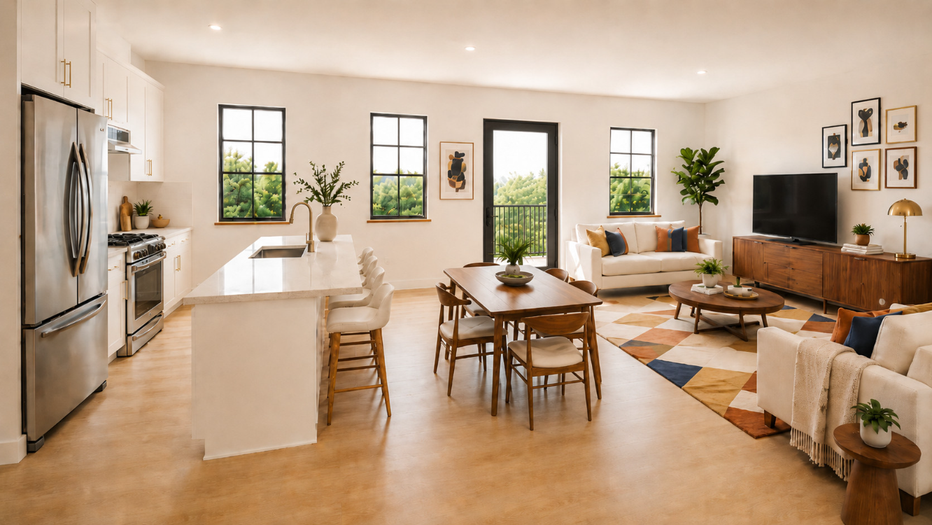 Open-concept kitchen and living area
