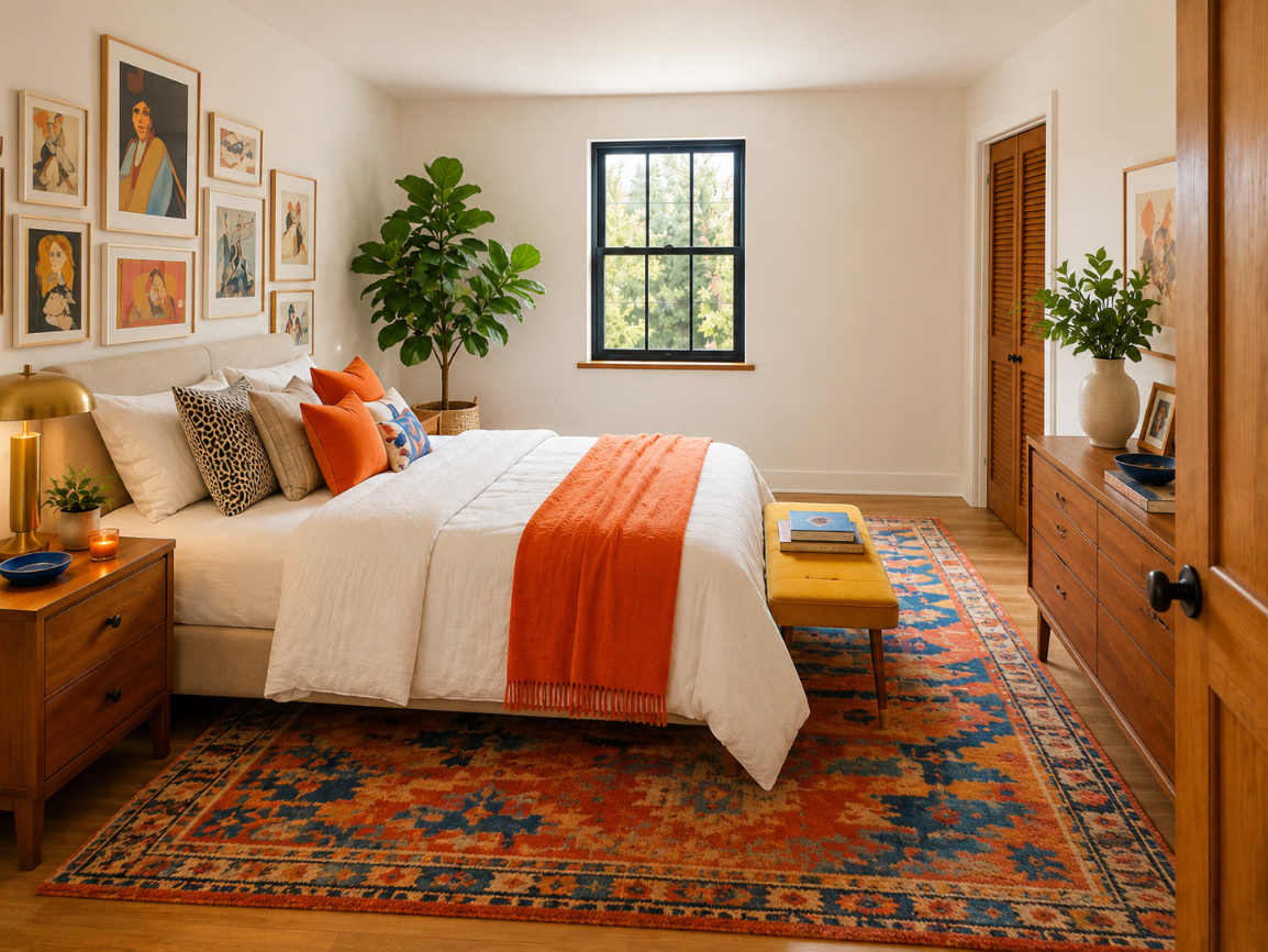 Sunlit bedroom with warm furnishings